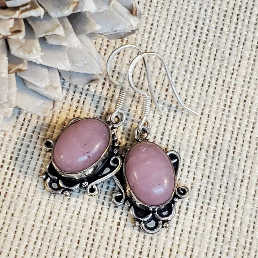 Artisan India Art Nouveau Scrolls Oval Stone 925 Sterling Silver Earrings - Picture 2 of 6